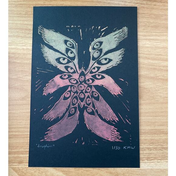 "Seraphim" - Hand-pressed angel Multicolor Linocut Print 6"x9" - One-of-a-kind - Picture 2 of 3